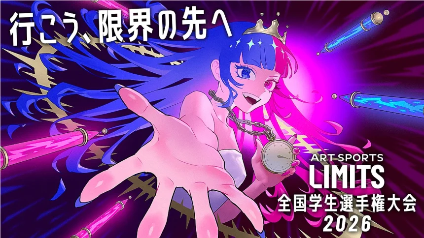 ART SPORTS LIMITS 全国学生選手権大会2026のメインビジュアル。鮮やかなブルーとピンクの髪を持つキャラクターが、鎖に繋がれた懐中時計を手に、挑発的な笑顔で手を伸ばしている。周囲にはペン型の武器が飛び交い、「行こう、限界の先へ」のキャッチコピーが書かれている。