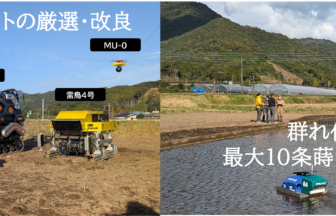 北九州市小倉南区で開始されたテムザックのロボット稲作「WORKROID農業」第2章。複数の農業ロボットが並ぶ様子と、水田での播種ロボットの実証実験の比較画像。